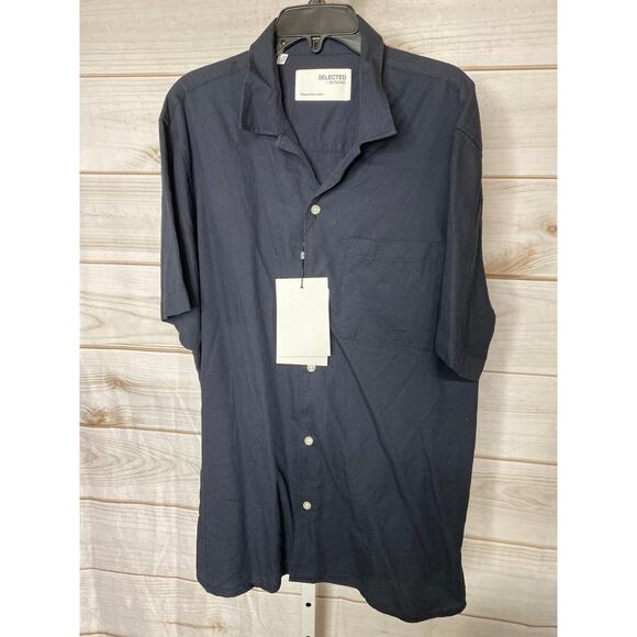 New Selected Mens Size Medium Dark Navy BLue Structured Short Sleeve Dress Shirt - Picture 1 of 8